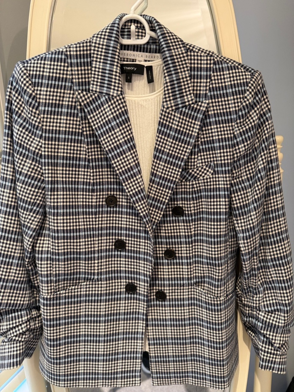 Veronica Beard Navy and White Checked Double-Breasted Blazer